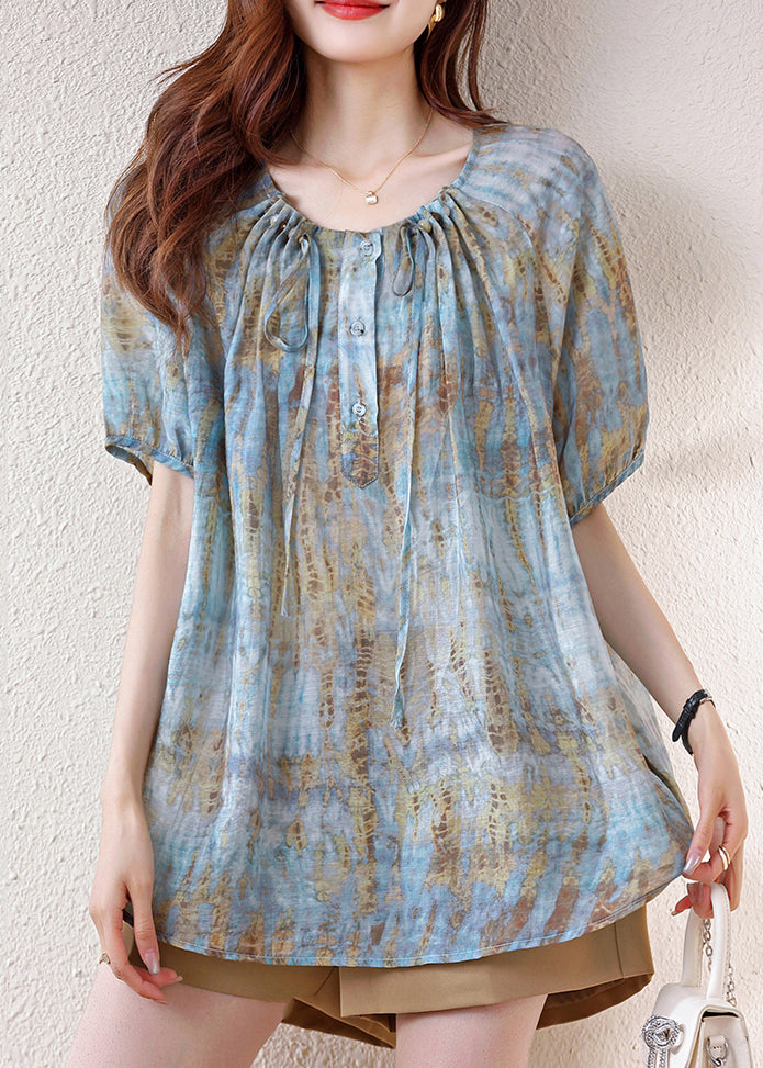 Blue Print Drawstring Cotton Tops Summer