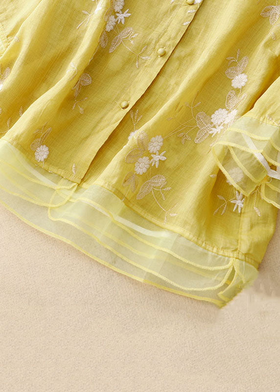 Yellow Stand Collar Embroidered Patchwork Cotton Shirts Bracelet Sleeve