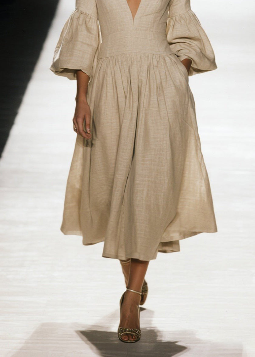 V Neck Wrinkled Patchwork Cotton Dress Fall