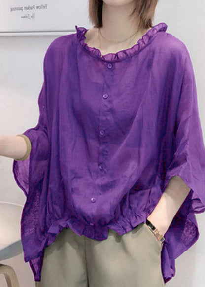 Art Navy Tops Ruffles Trim Half Sleeve Shirts Blouse