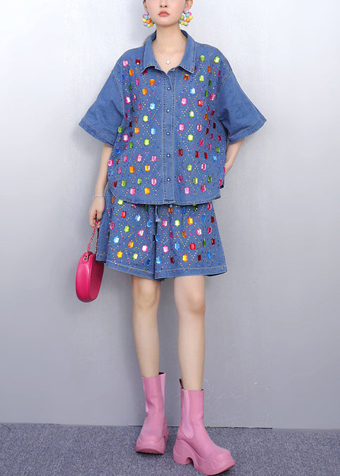 Rhinestone Denim Blue Shirts and Shorts Two Pieces Set Summer