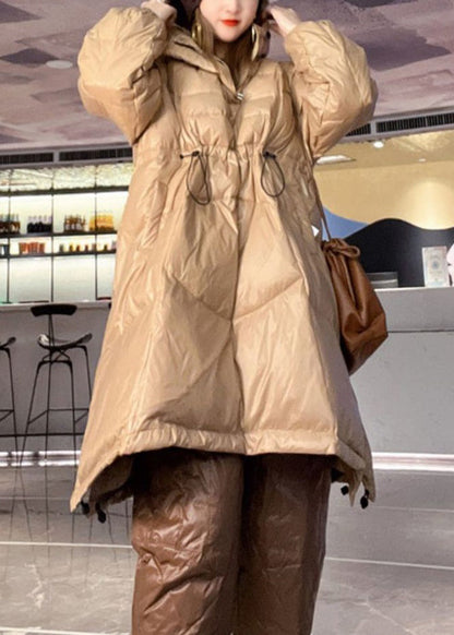 Loose Light Khaki Hooded Drawstring Pockets Duck Down Tops Winter