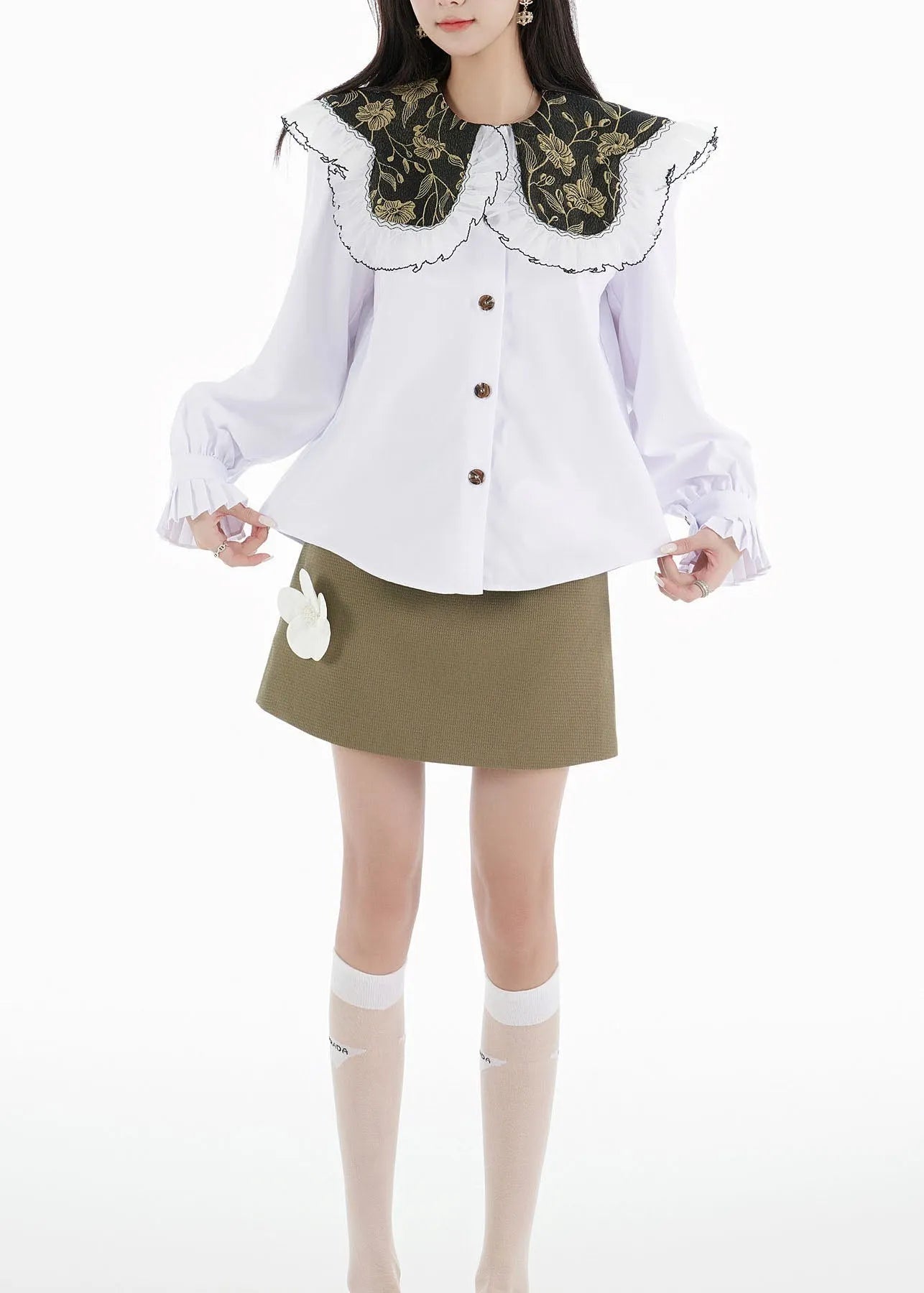 White Peter Pan Collar Shirts Tops and Skirts Cotton Two Pieces Set Spring