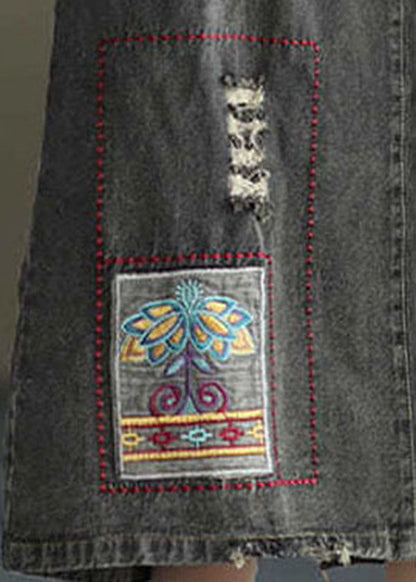 Black Side Open Embroideried Pockets Cotton Denim Ripped Skirt Cozy