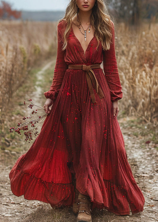 Red V Neck Wrinkled Patchwork Cotton Dress Long Sleeve