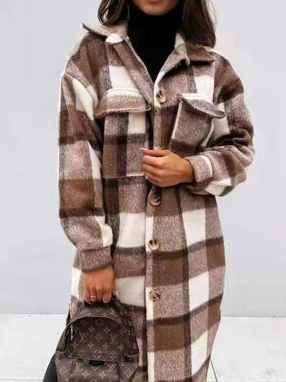 Coats Single Breasted Plaid Brushed Mid Length Wool Coat