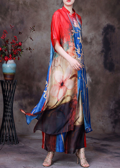 Colorblock Stand Collar Button Print Side Open Silk Long Shirt and Wide Leg Pants 2 Piece Outfit Short Sleeve