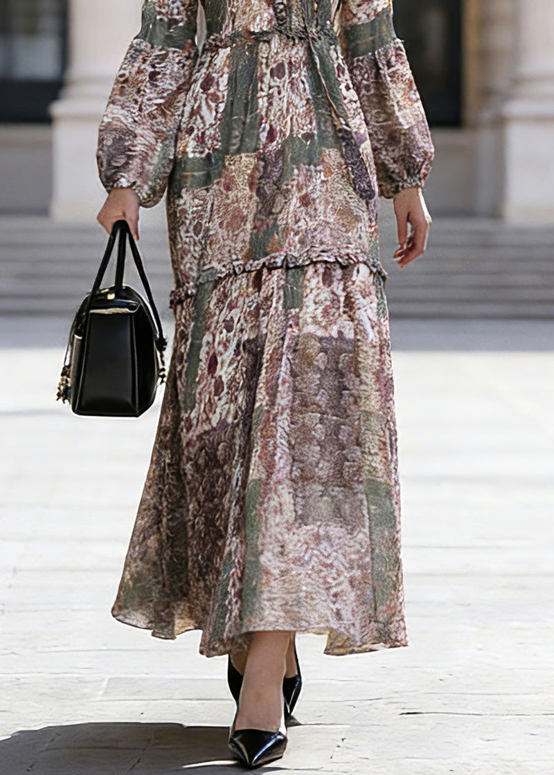Green Ruffled Patchwork Chiffon Vacation Maxi Dresses Spring