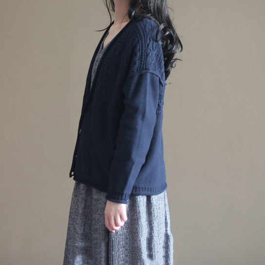Autumn V Neck Cotton Knit Cardigans Navy Sweater Tops