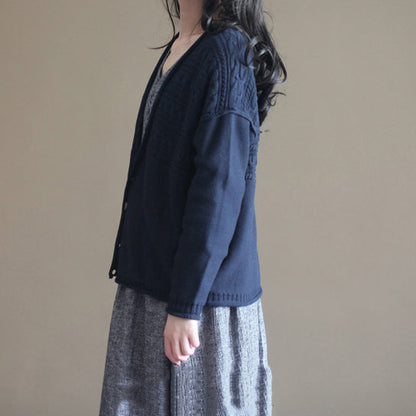 Autumn V Neck Cotton Knit Cardigans Navy Sweater Tops