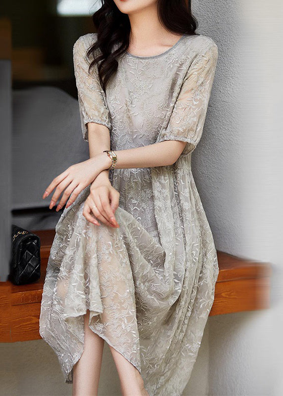 Grey Embroidered Wrinkled Patchwork Lace Dresses Summer
