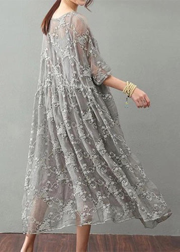 Gray Maxi Dress Lace Gown Top Quality Bracelet Sleeved Gown ( Limited Stock)