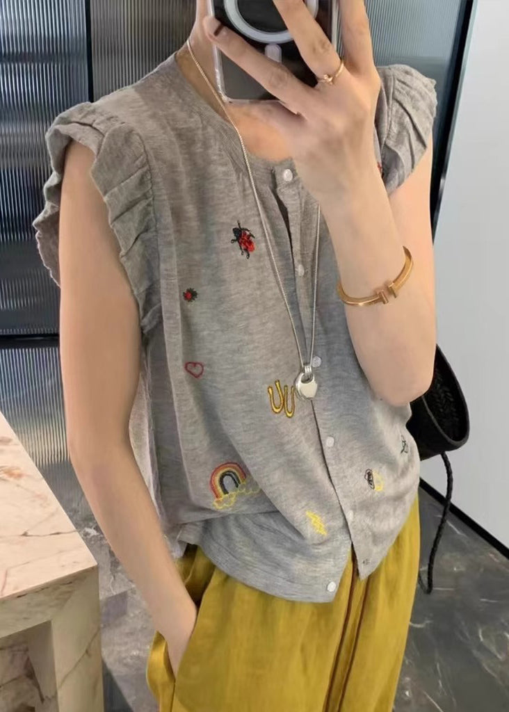 Grey Embroideried Button Down Cotton Vests Sleeveless