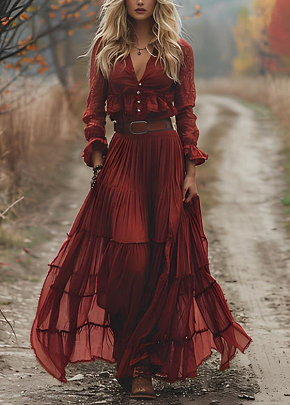 Red V Neck Wrinkled Patchwork Cotton Maxi Dresses Long Sleeve