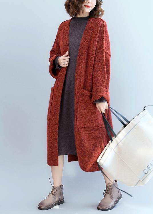 Knitted Coat Oversized Red Batwing Sleeve Pockets Coats