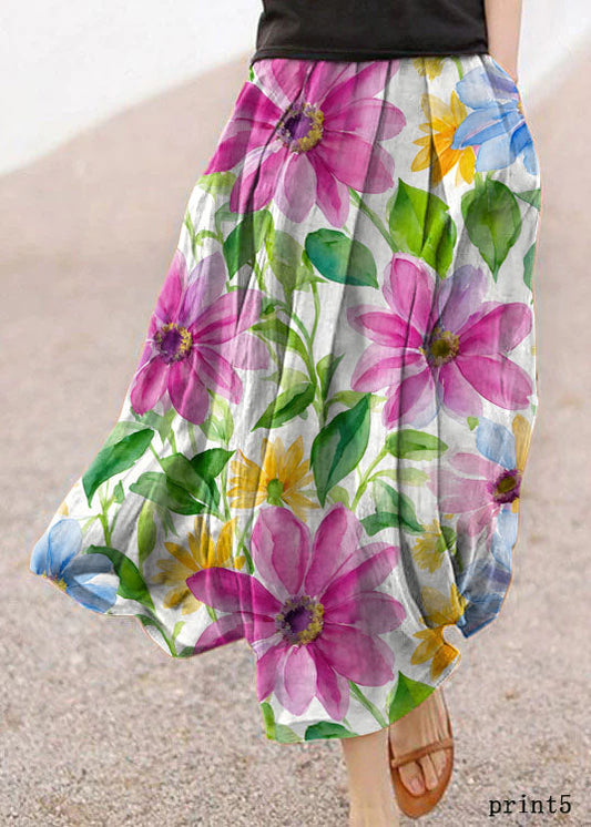 Retro Purple Flower Print5 Pockets Linen Skirt Summer