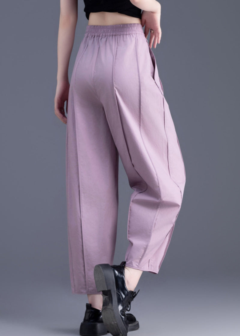 Purple Pockets Patchwork Elastic Waist Cotton Crop Pants Fall