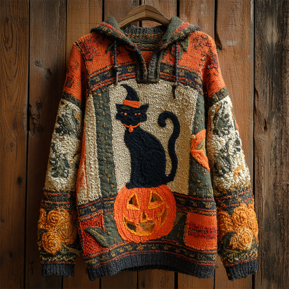 Halloween Black Cat With Hat & Pumpkin Women's Knit Hooded Sweater elevenforest