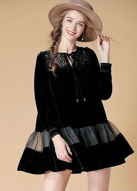 Black Embroideried Patchwork Velour Mini Dress Spring