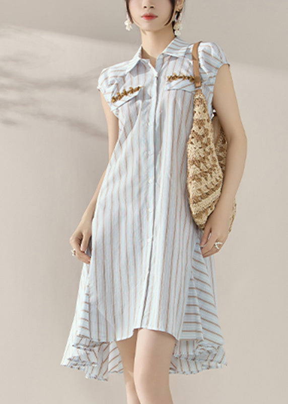 Striped Peter Pan Collar Button Holiday Mid Dress Short Sleeve