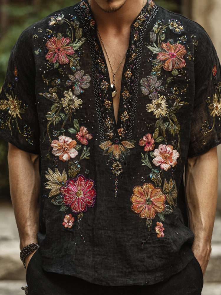 Bohemian Style Three-dimensional Multi-colored Floral Silver Rhinestone Men's V-neck Short-sleeved Shirt elevenforest