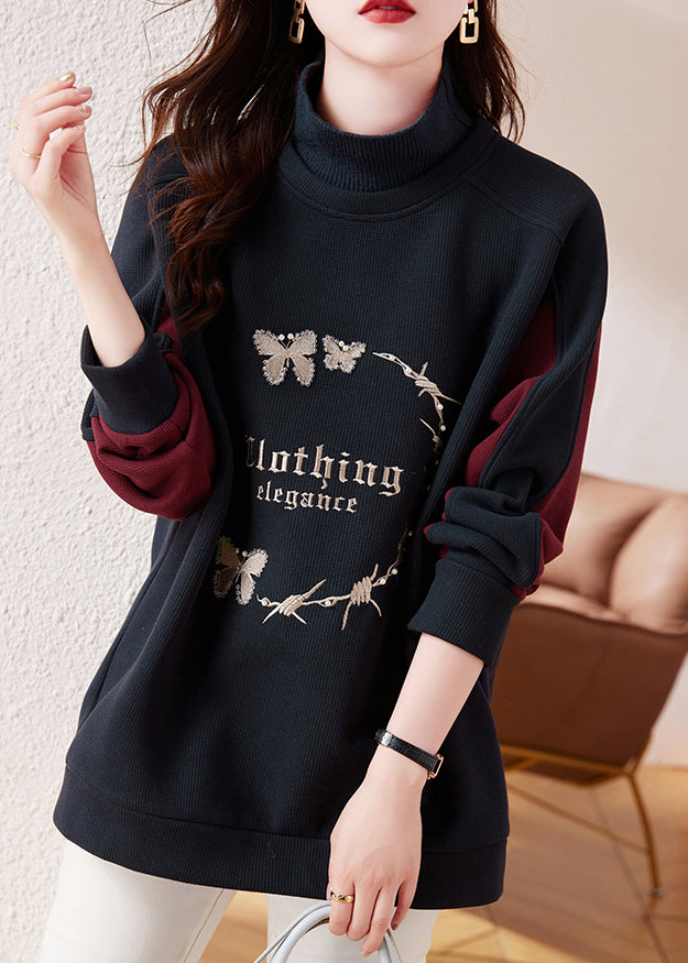 Navy Embroidered Patchwork Warm Fleece Sweatshirt Winter