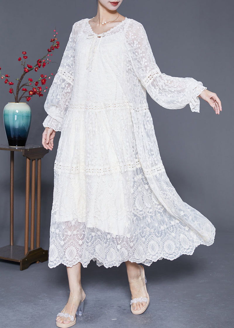 Beige Embroidered Patchwork Hollow Out Lace Maxi Dress Lantern Sleeve