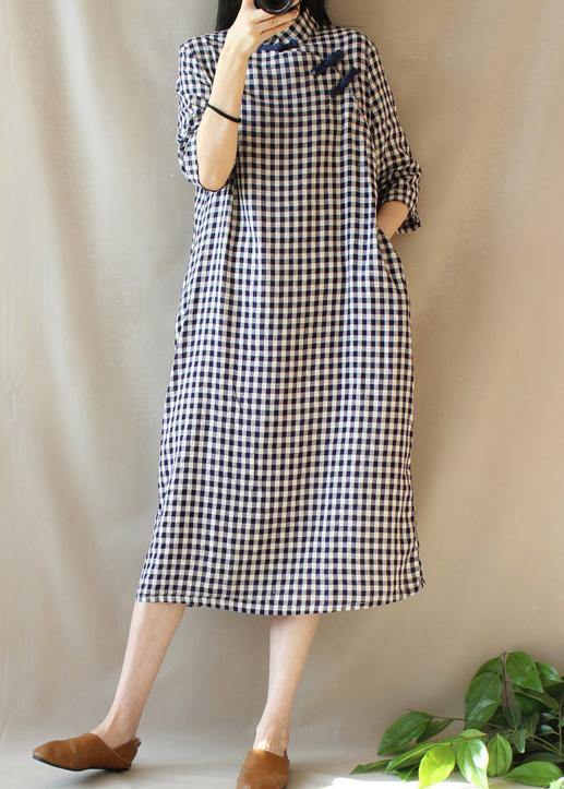 Loose Stand Collar Chinese Button Outfit Work Plaid Maxi Dresses