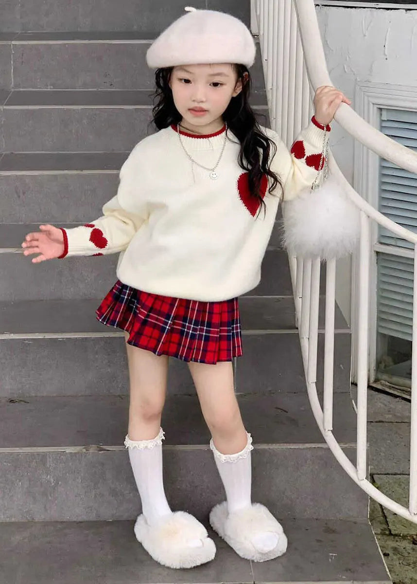 Red Patchwork Kids Cotton Knit Sweaters and Skirts Two Piece Set Spring