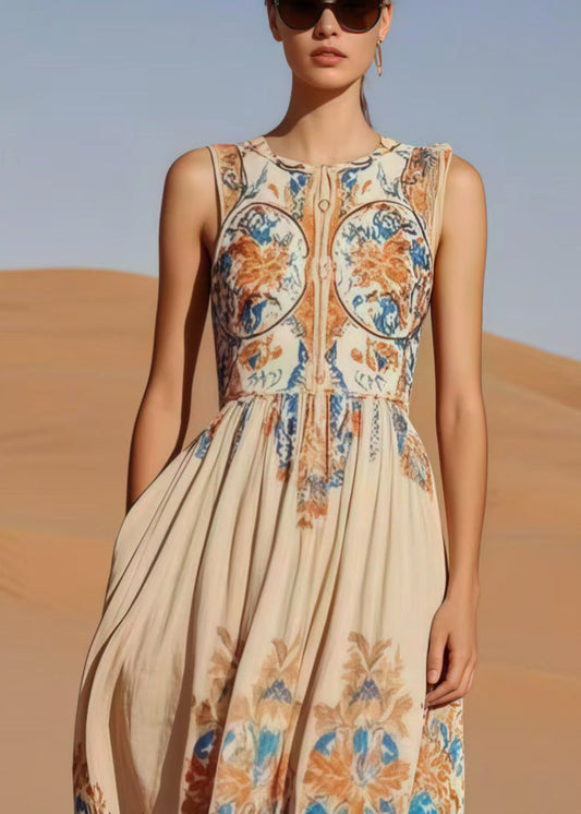 Beige Print Cotton Party Dress Sleeveless