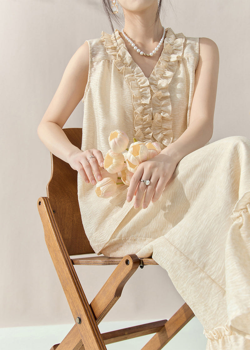 Loose Apricot Vest and Maxi Skirts Two-piece Set Sleeveless