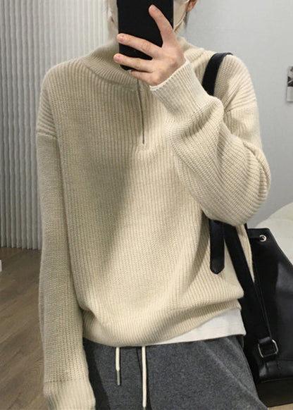 Apricot Zip Up Patchwork Cozy Knit Sweaters Long Sleeve