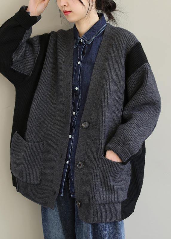 For Gray Knitted Pullover V Neck Button Downfall Knit Ssweat Tops