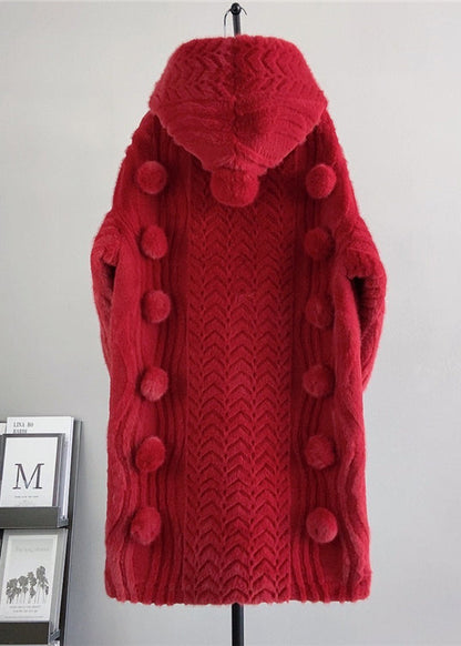 Loose Beige Zip Up Fuzzy Ball Decorated Mink Velvet Hoodie Coat Winter