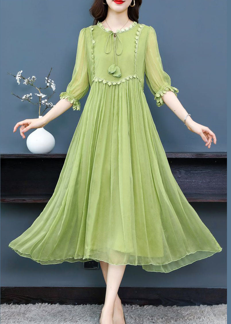 French Green O-neck Lace Up Extra Large Hem Silk Long Dress Half Sleeve