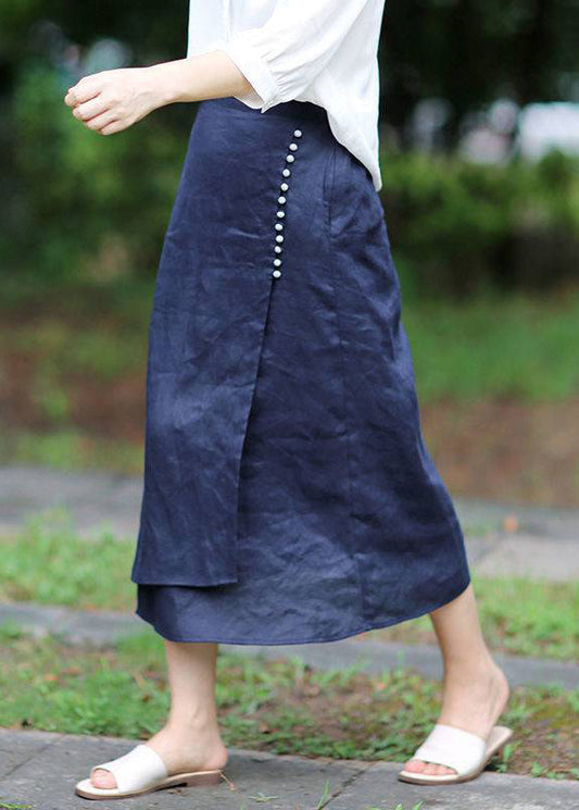 Blue a Line Skirts Button Asymmetrical Design Elastic Waist Spring