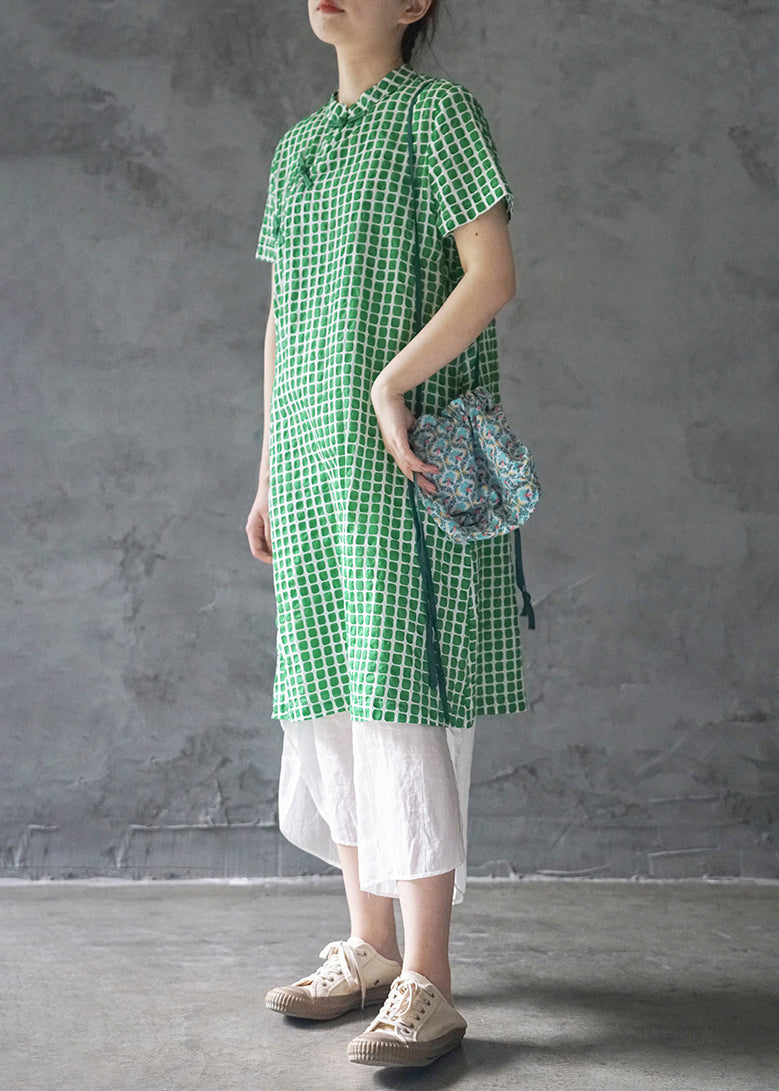 Green Mandarin Collar Button Plaid Cotton Dresses Short Sleeve