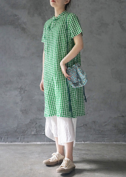 Green Mandarin Collar Button Plaid Cotton Dresses Short Sleeve