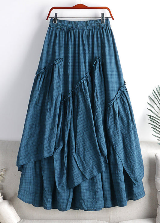 Light Blue Asymmetrical Plaid Patchwork a Line Skirt Spring