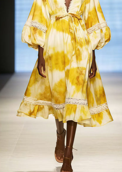 Yellow Deep-v Neck Tie Dye Chiffon Dress Lantern Sleeve