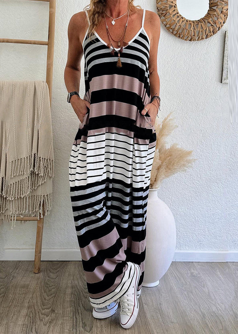 V Neck Striped Pockets Maxi Spaghetti Strap Dress Summer