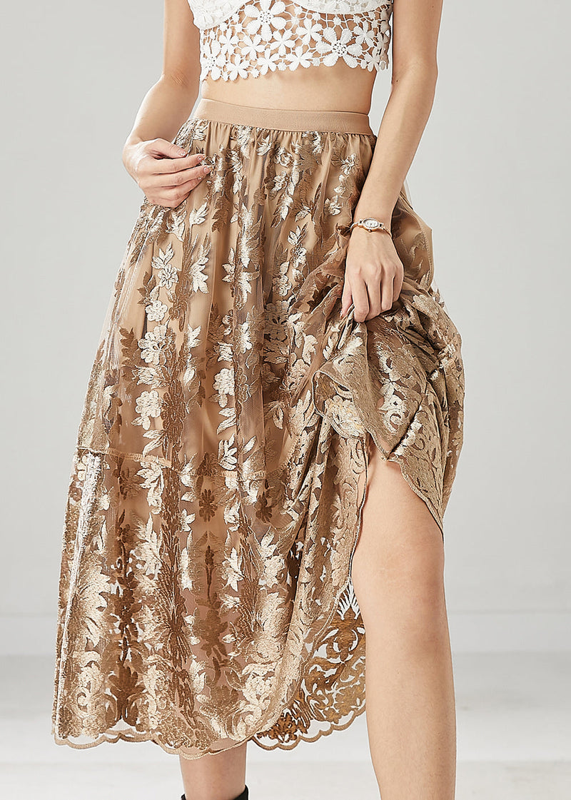Brown Embroidered Tulle a Line Skirts Spring