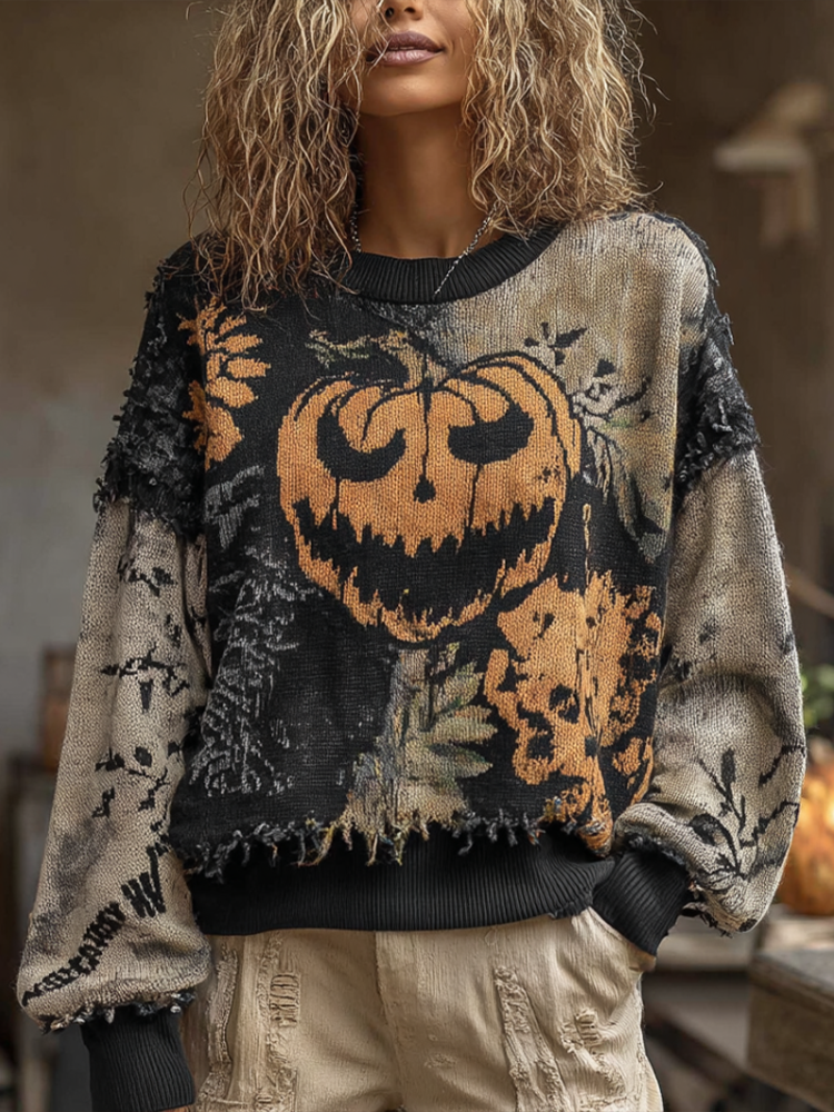 Comstylish Halloween Pumpkin Face And Plant Flower Pattern Design Women's Round Neck Knit Sweater