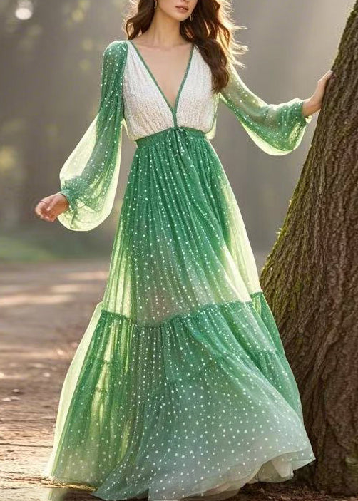 Gradient Color V Neck Wrinkled Chiffon Dress Spring