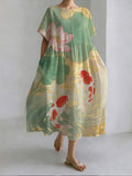 Comstylish Japanese Style Koi And Lotus Pond Round Neck Casual Dress