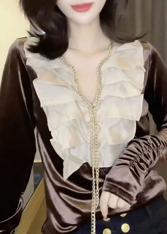 Black Chain Linked Patchwork Velour Shirts Spring