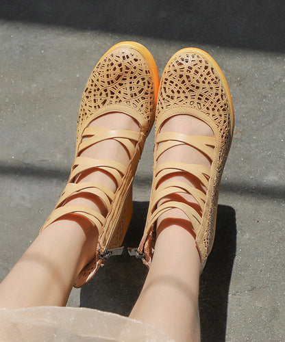 Unique Apricot Wedge Cowhide Leather Hollow Out Splicing Sandals