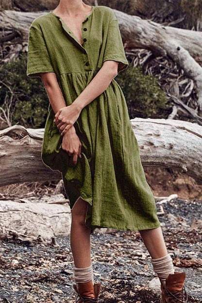 Button O Neck Midi Dress