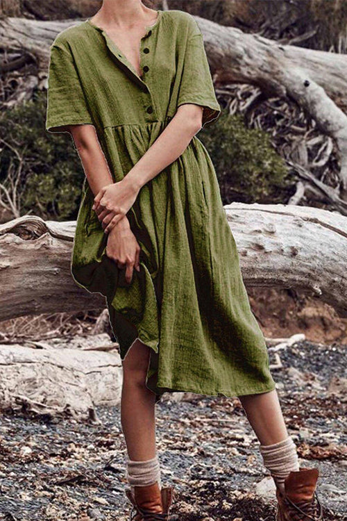 Button O Neck Midi Dress