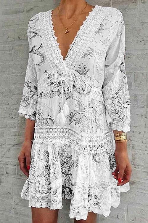 Print Long Sleeve Mini Dress